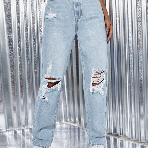 Light Wash Ripped Detail Straight Leg Jeans